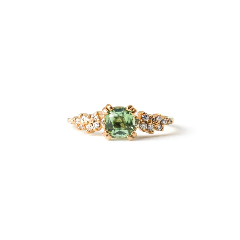 silver rings for women -Ring with Cushion Cut Mint Green Tourmaline (0.95 ct) and Cluster of Diamonds, Solid 14k Gold | ONE-OF-A-KIND