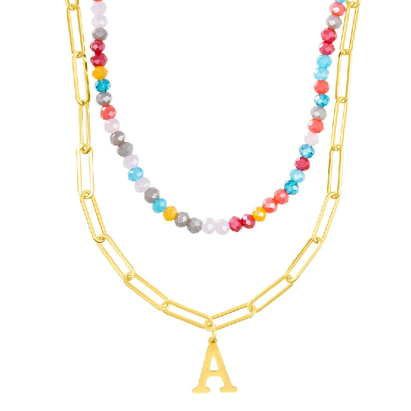 crystal necklaces for women -14k Gold Plated Adjustable Layered Color Beads and Paperclip Chain Initial Necklace