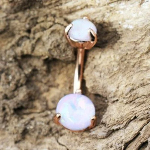 classic wedding rings for women -Rose Gold Navel Ring with Prong Set White Synthetic Opal