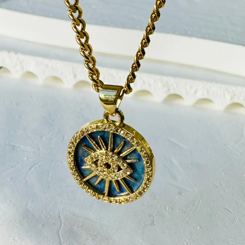 birthstone necklaces for women -Blue Medallion Evil Eye Necklace