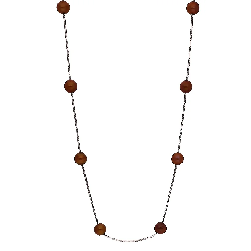 boho necklaces for women -14K White Gold Dyed Chocolate Fresh Water Cultured Pearl Station Necklace