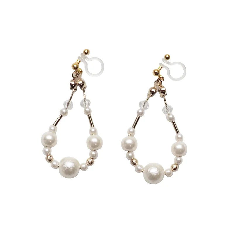 custom hoop earrings for women -Dangle white cotton pearls invisible clip on earrings