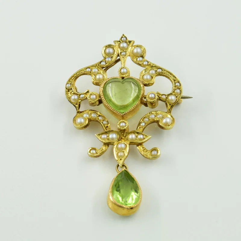 Peridot & Seed Pearl 14k Brooch | 3.00ctw, 0.67ctw |