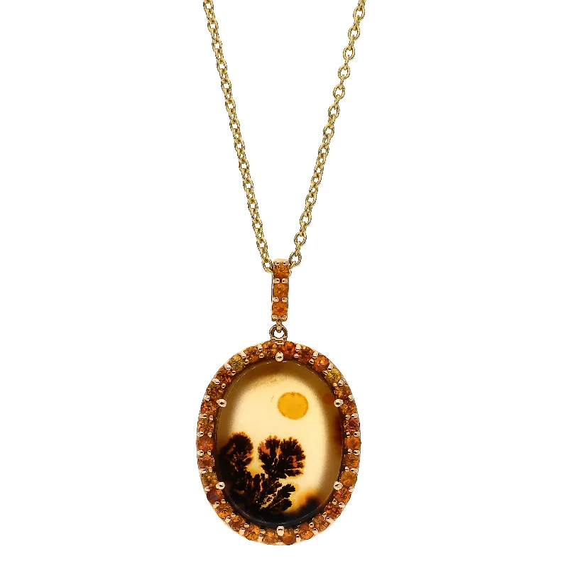 crystal drop necklaces for women -14K Yellow Gold Custom Design One-Of-A-Kind Oval Picture Agate w/ Orange Sapphire Accent 18" Necklace