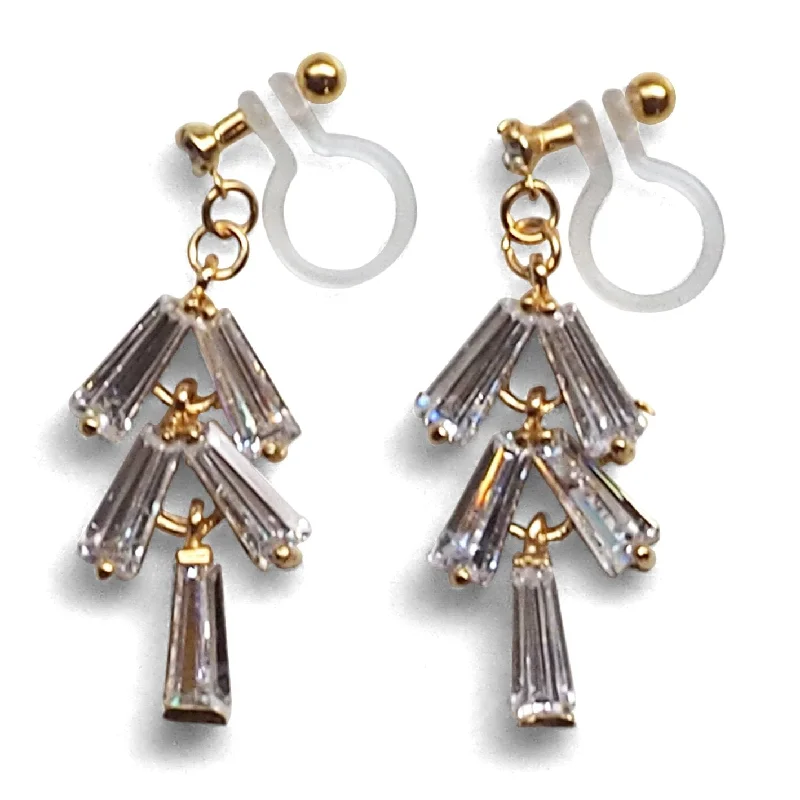 evening drop earrings for women -Cubic zirconia invisible clip on earrings  ( Gold tone )