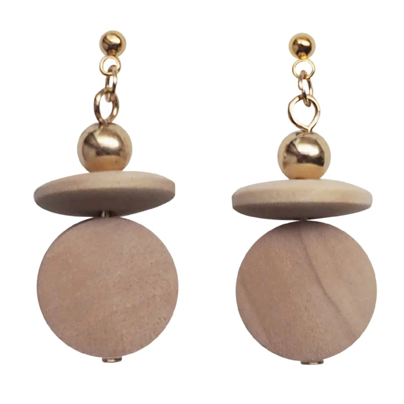 hoop earrings with diamonds -Beige Wood Disk and Cap Invisible Clip On Earrings