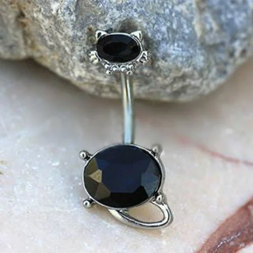 gemstone statement rings -316L Stainless Steel Fancy Black Cat Navel Ring