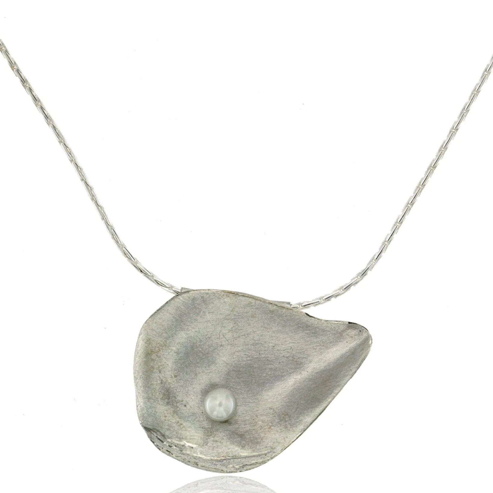 art deco necklaces for women -Mysterium Collection Satin Finish Sterling Silver Oyster Shell Freshwater Pearl Necklace