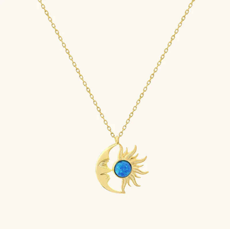 minimalistic silver necklaces for women -Blue Opal Sun & Moon Necklace