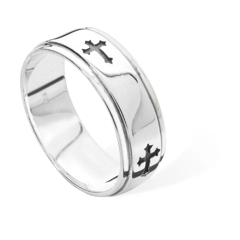 unique gold rings for women -Gents Ring With Cross - Sterling Silver