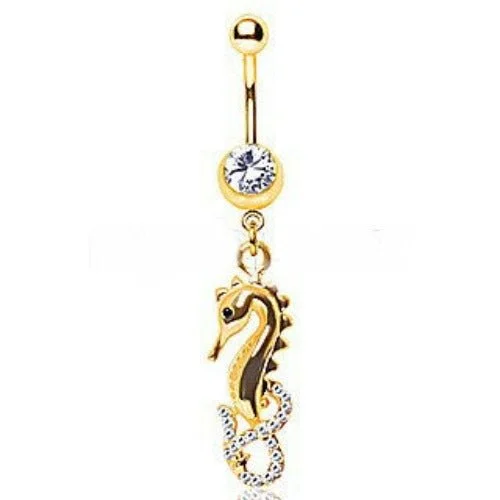 silver rings for women -Gold Plated Gemmed Sea Horse Dangle Navel Ring