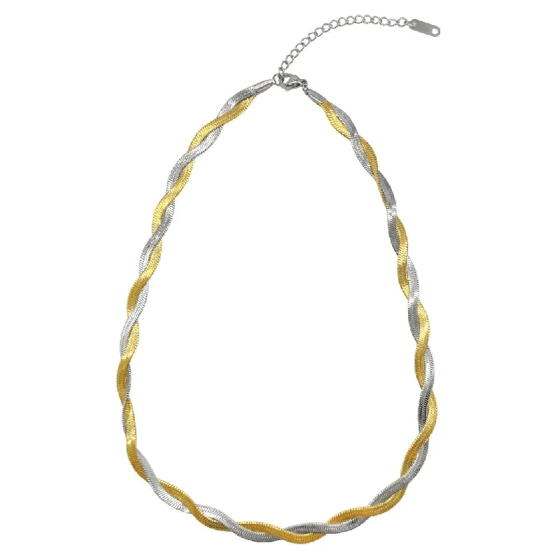 fancy gold necklaces for women -Tarnish Resistant 14k Gold Plated Interlaced Gold and Silver Herringbone Chain Necklace