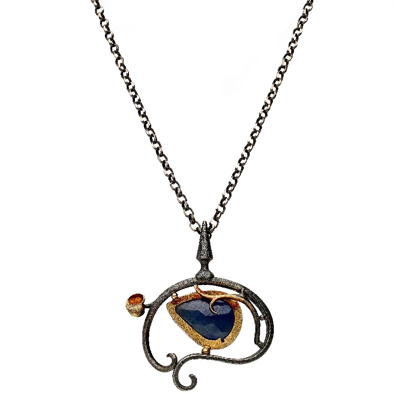 pearl necklaces for women -Bora Jewelry of Brooklyn Sterling Silver & Bronze Necklace w/ Pear Shaped Sapphire