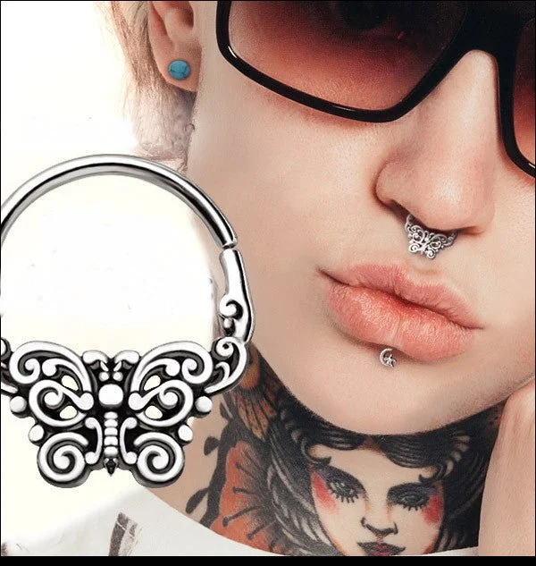 fashion rings for women -316L Stainless Steel Ornate Butterfly Seamless Ring / Septum Ring