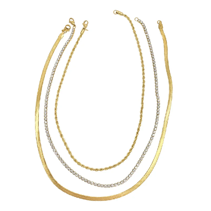 fashion necklaces for women -Tarnish Resistant 14k Gold Plated Herringbone Chain, Rope Chain, and Tennis Necklace Set