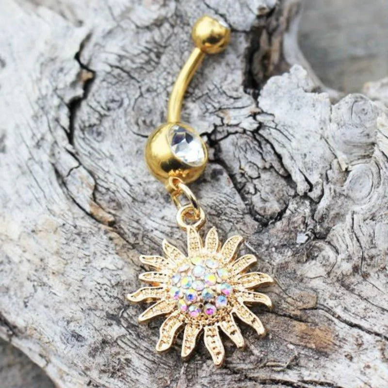 gold rings for women -Gold Plated Shimmering Sunburst Dangle Navel Ring