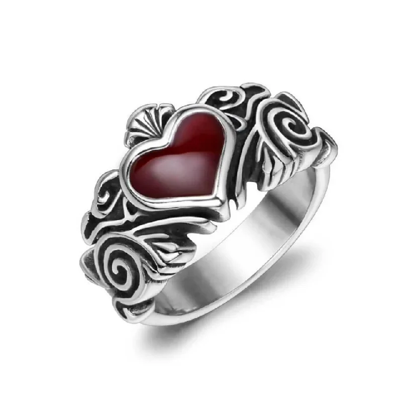 stackable gold rings for women -Stainless Steel Vintage Red Heart Ring