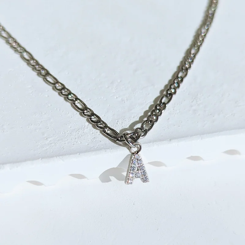 vintage gold necklaces for women -Silver Figaro Diamond Initial Necklace