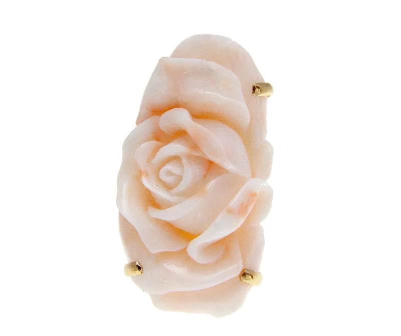 stylish wedding rings for women -GENUINE NATURAL ANGEL SKIN CORAL CARVED FLOWER RING IN SOLID 14K YELLOW GOLD