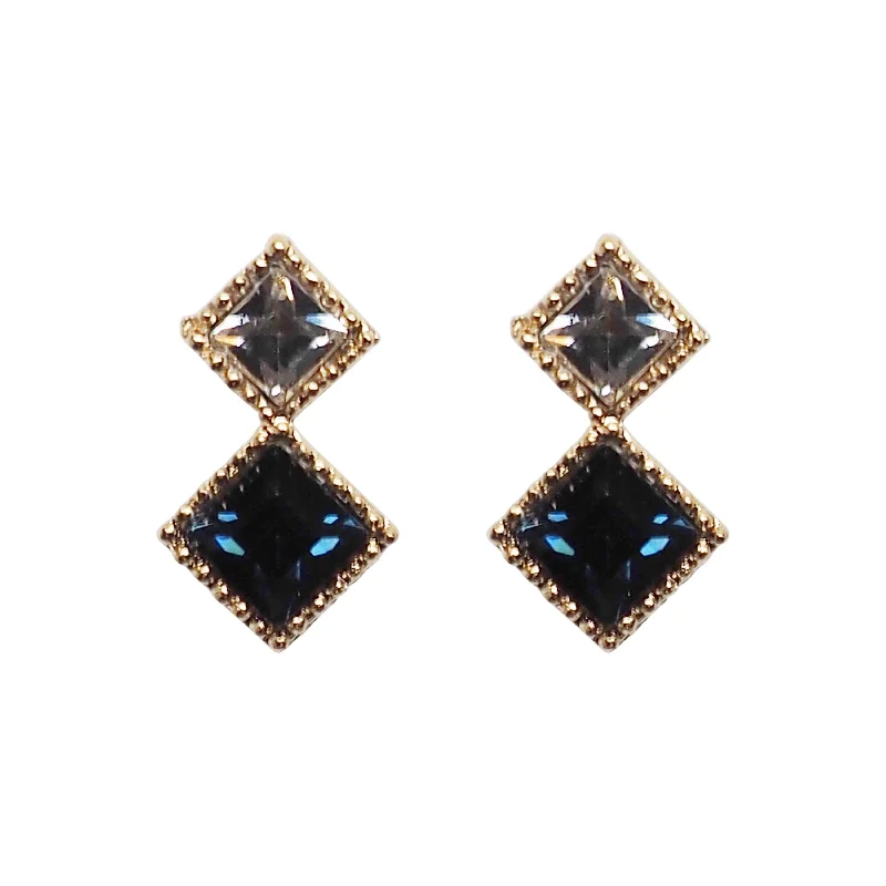 chic hoop earrings for women -Square Navy Blue & Clear Swarovski Crystal Invisible Clip On Stud Earrings