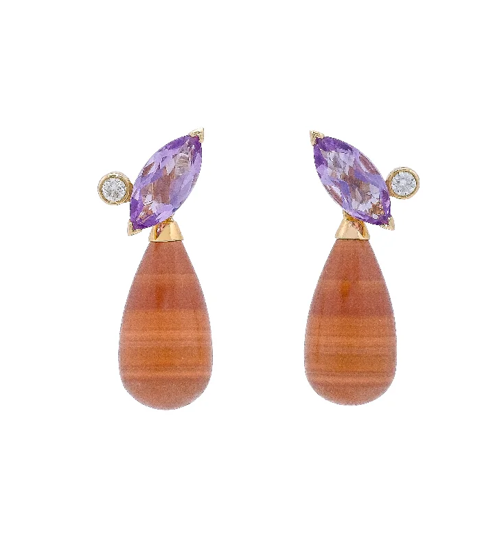 luxury drop earrings for women -Ame Collection Earrings 3 - Agate, Amethyst and Diamonds in 18K yellow gold