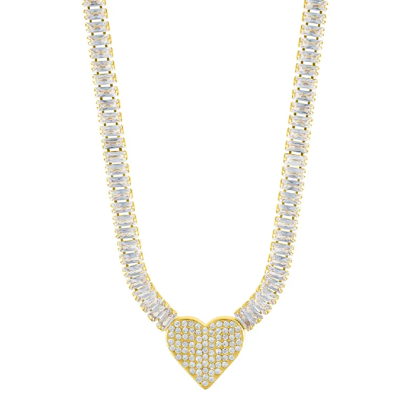 fashion pendant necklaces for women -14k Gold Plated Baguette Tennis Necklace with Pave Heart Pendant