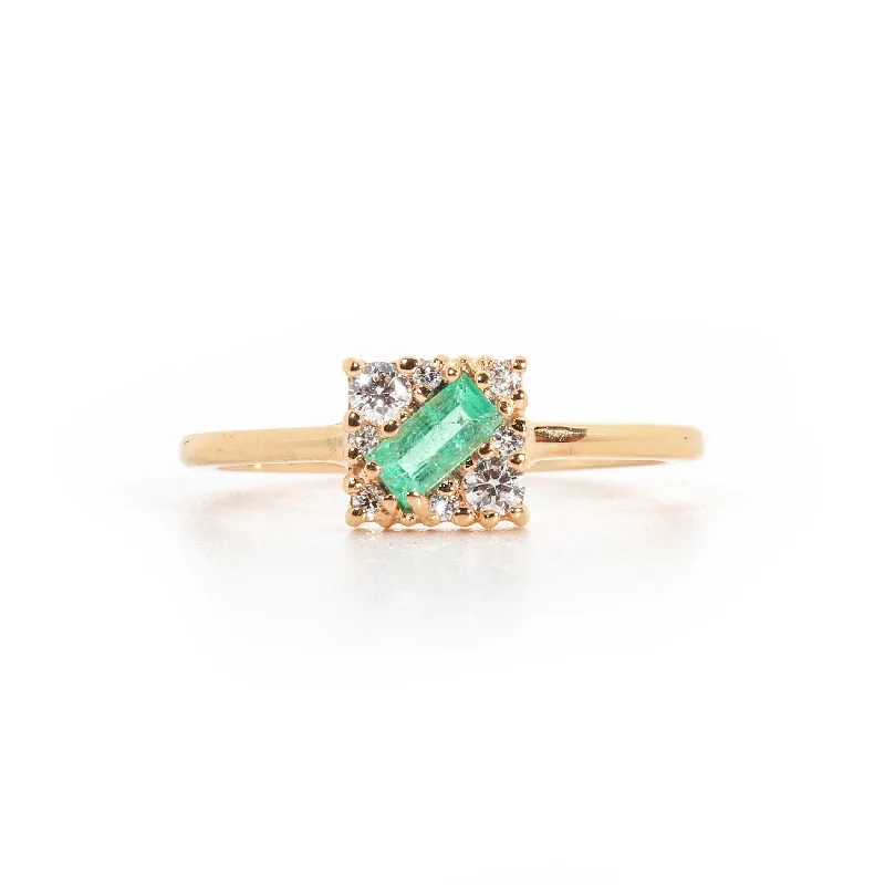 gemstone rings for women -Square Cluster Ring with Emerald Baguette (0.26 ct) and Diamonds, Solid 14k Gold | ONE-OF-A-KIND