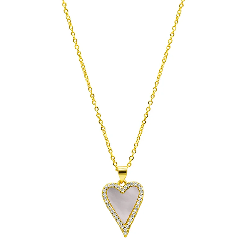 double chain necklaces for women -14k Gold Plated White Mother-of-Pearl Crystal Halo Heart Necklace