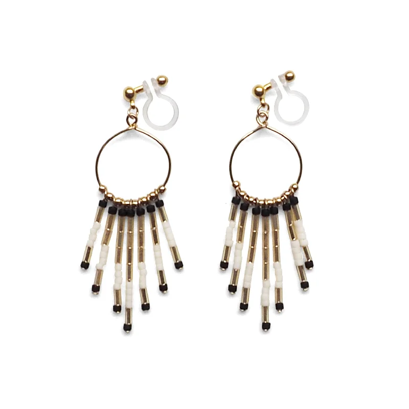 silver earrings for women -Hoop and beaded fringe invisible clip on earrings ( Gold tone )