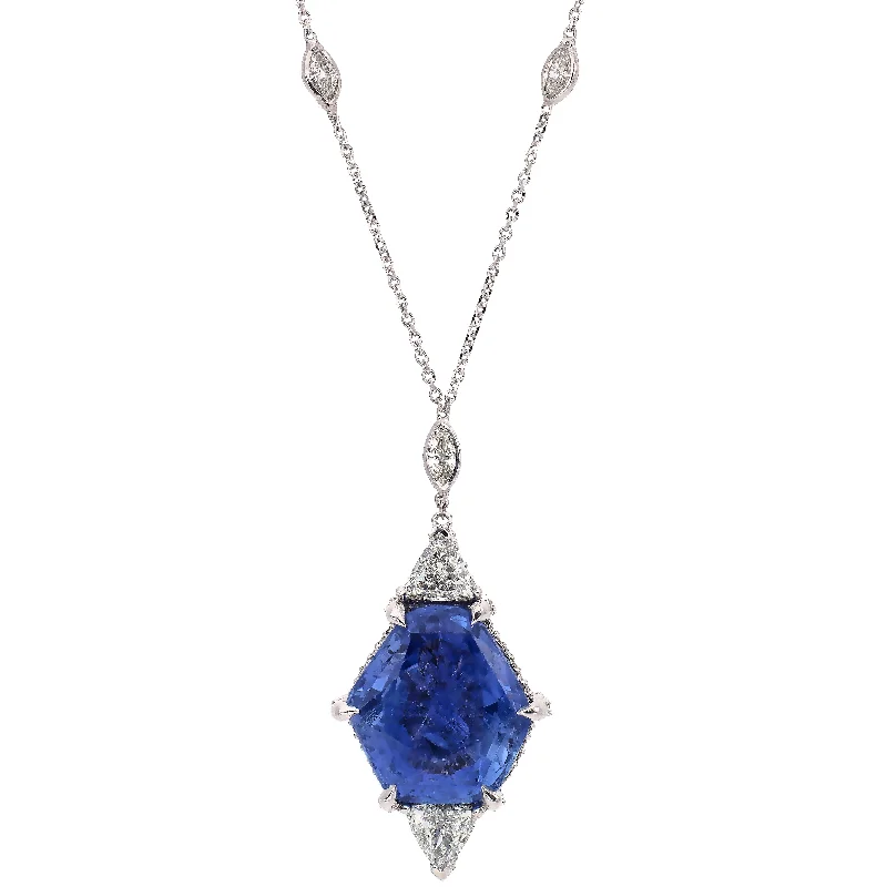 gemstone necklaces for women -14K White Gold Custom Designed 8.87ct Ceylon Sapphire and Diamond Necklace