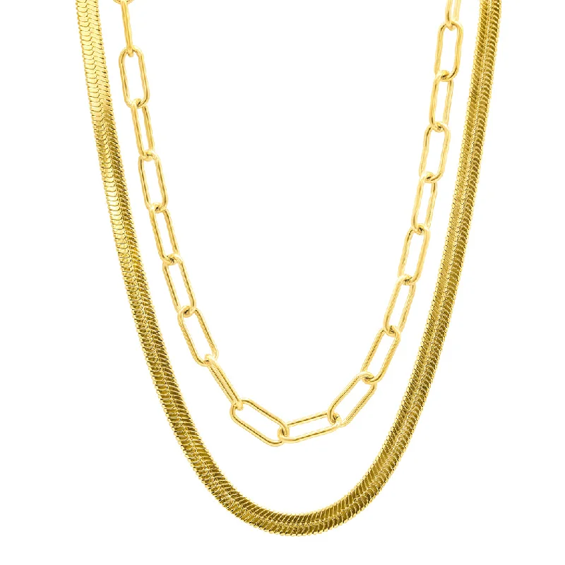 wedding chain necklaces for women -Tarnish Resistant 14k Gold Plated Set Of Herringbone And Paper Clip Necklaces