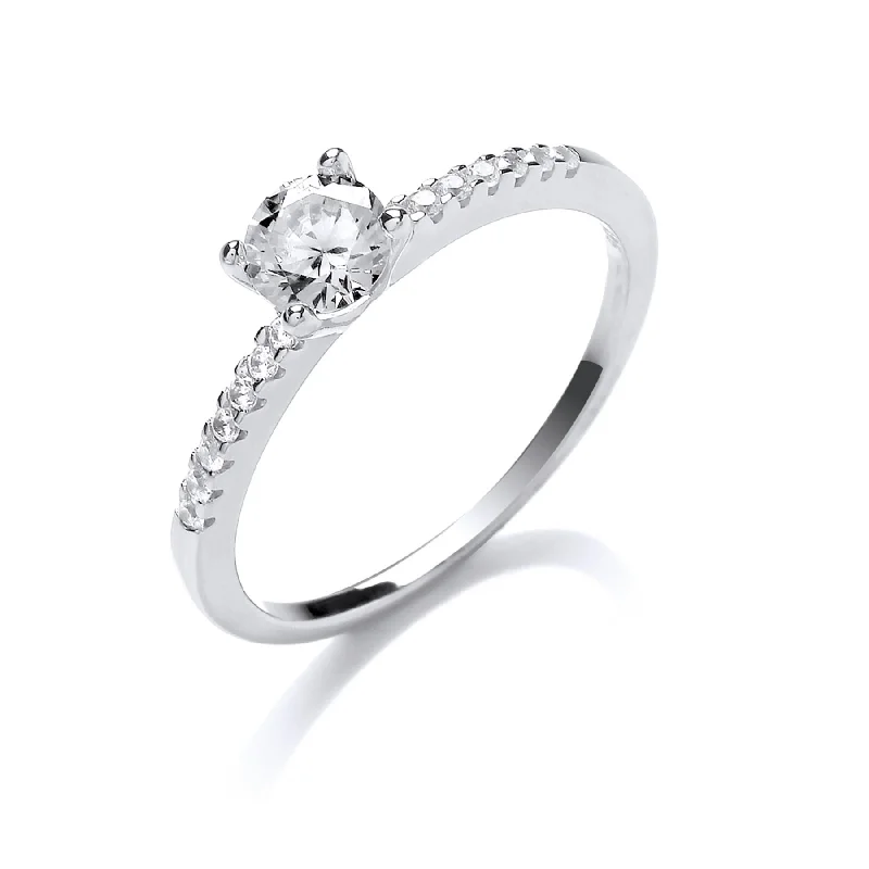 wedding sets with rings -Silver Solitare With Cz Shoulder Ring