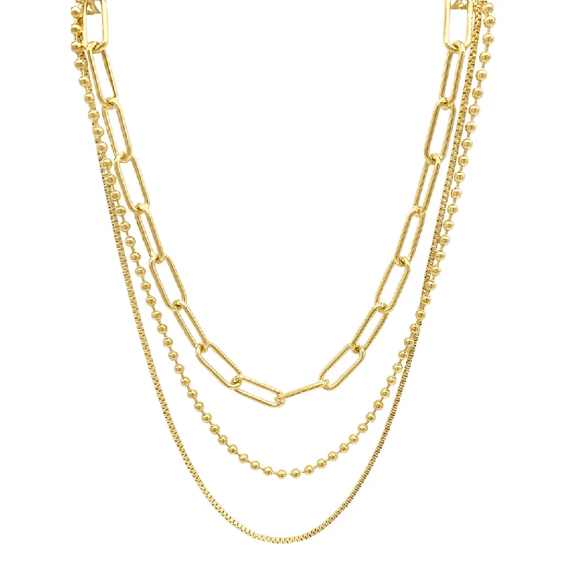 luxurious necklaces for women -14k Gold Plated Box Chain, Ball Chain, and Oversized Paper Clip Chain Necklace Set