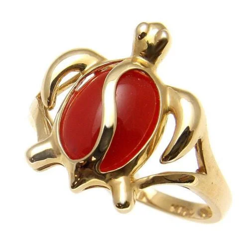 wedding ring bands -GENUINE NATURAL RED CORAL RING HAWAIIAN HONU TURTLE SOLID 14K YELLOW GOLD