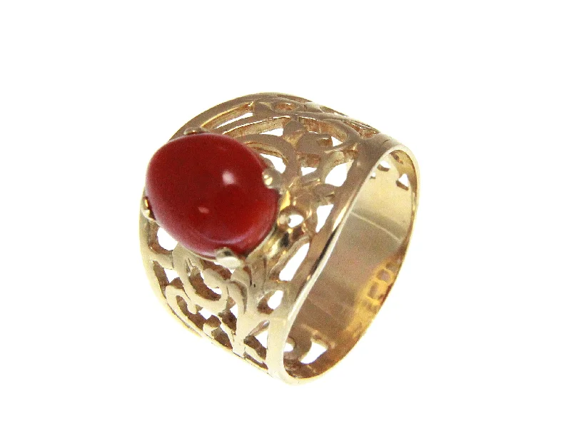 luxury rings for brides -GENUINE NATURAL 7.6MMX9.7MM OVAL CABOCHON RED CORAL RING SOLID 14K YELLOW GOLD