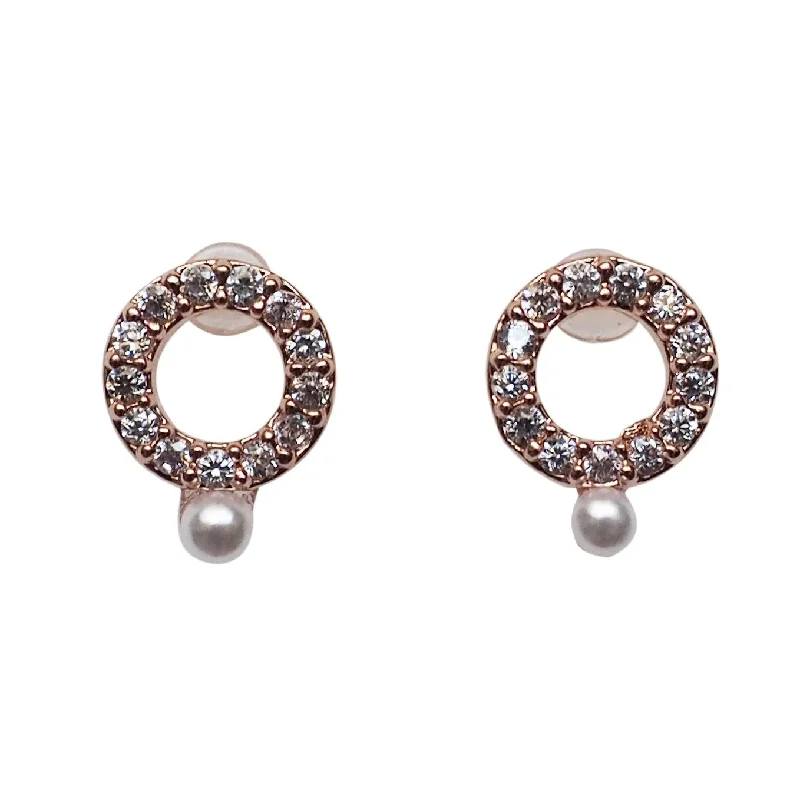 elegant gemstone earrings -Cubic Zirconia Crystal Pave Hoop with White Pearl Invisible Clip On Stud Earrings  ( Rose gold tone )