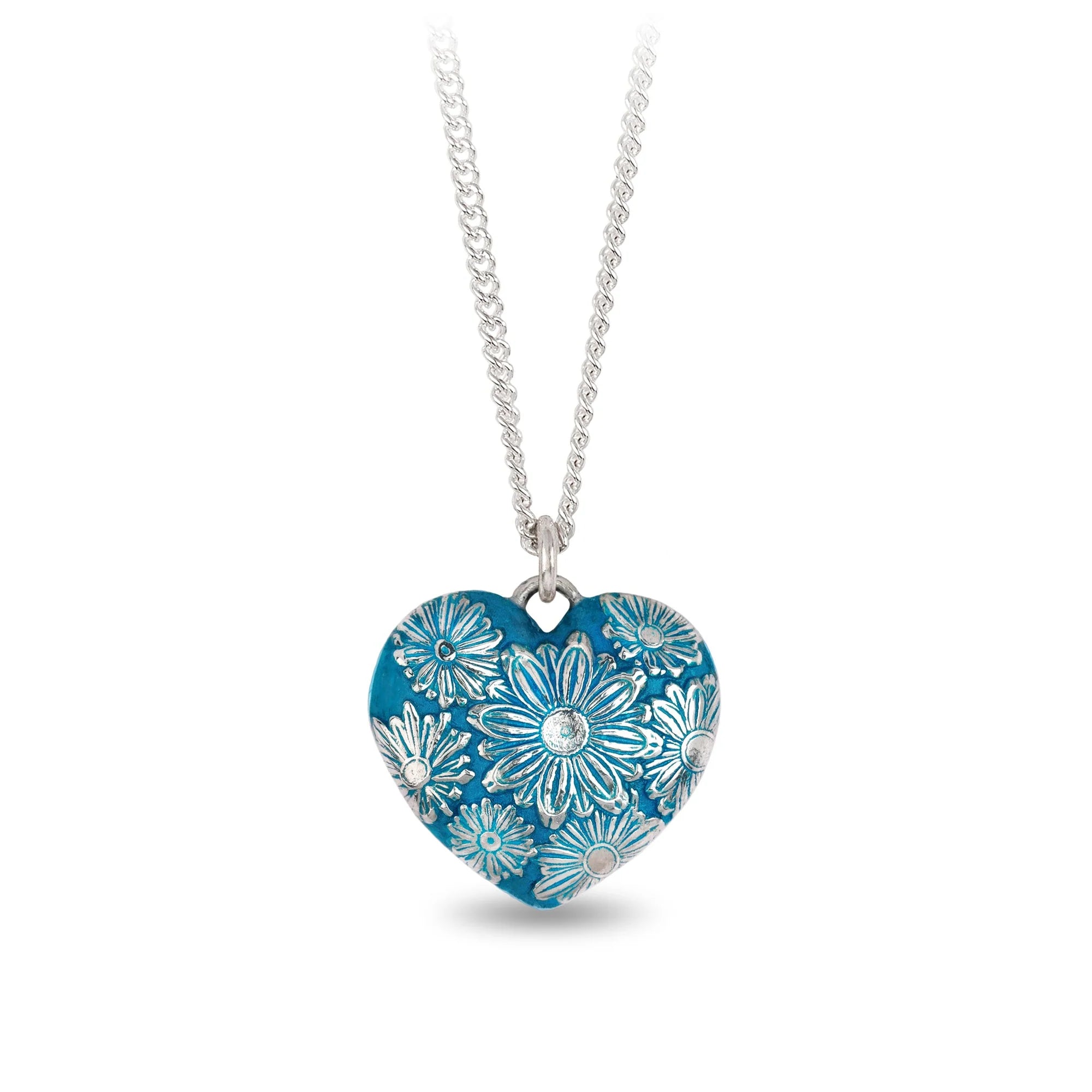 modern necklaces for women -Pyrrha Sterling Silver Large Puffed Heart Daisy Talisman in Capri Blue 18 Inch Medium Curb Chain Necklace