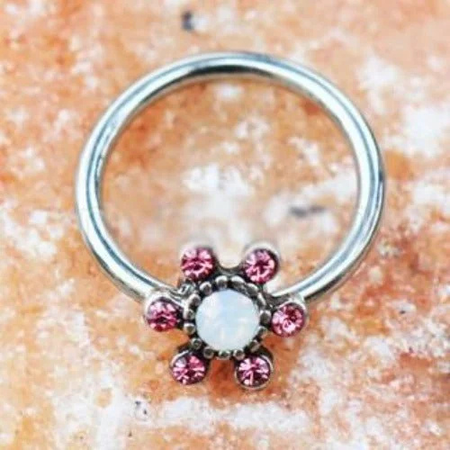 cocktail rings for women -316L Stainless Steel Jeweled Flower Snap-in Captive Bead Ring / Septum Ring