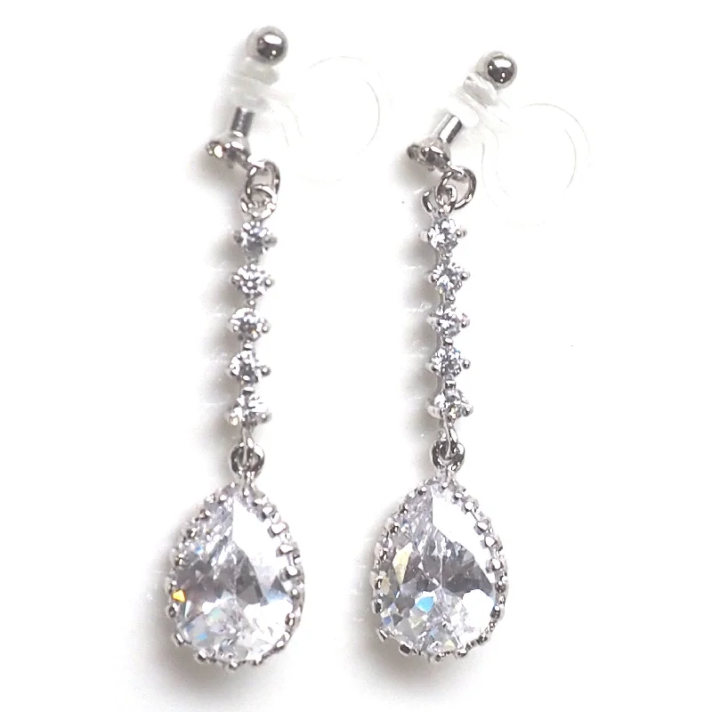 luxurious pearl drop earrings -Bridal teardrop cubic zirconia invisible clip on earrings ( silver tone )