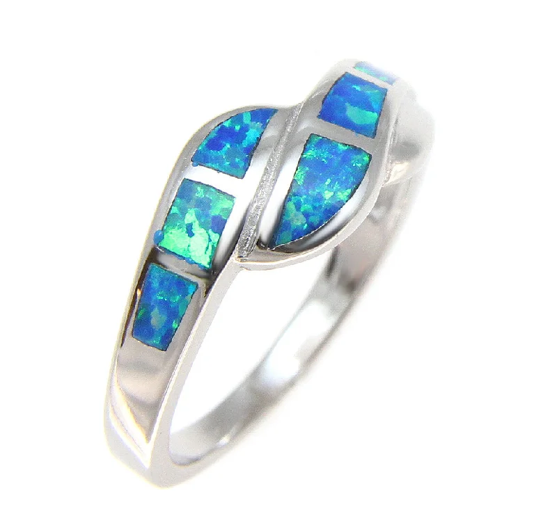 adjustable rings for women -925 Sterling Silver Rhodium Women Men Blue Opal Ring Size 5-10