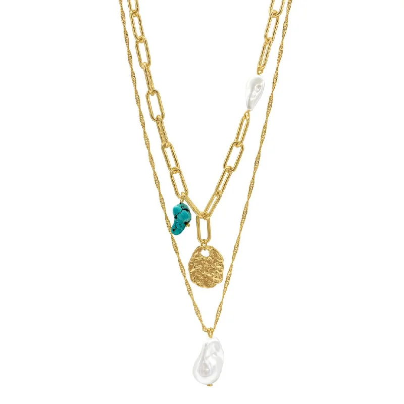 sapphire necklaces for women -14k Gold Plated Pearl and Turquoise Stone Pendants Layered Necklace