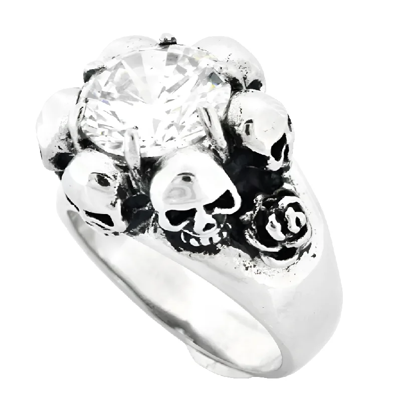 vintage gold rings -Stainless Steel Skulls and Rose around CZ Ring