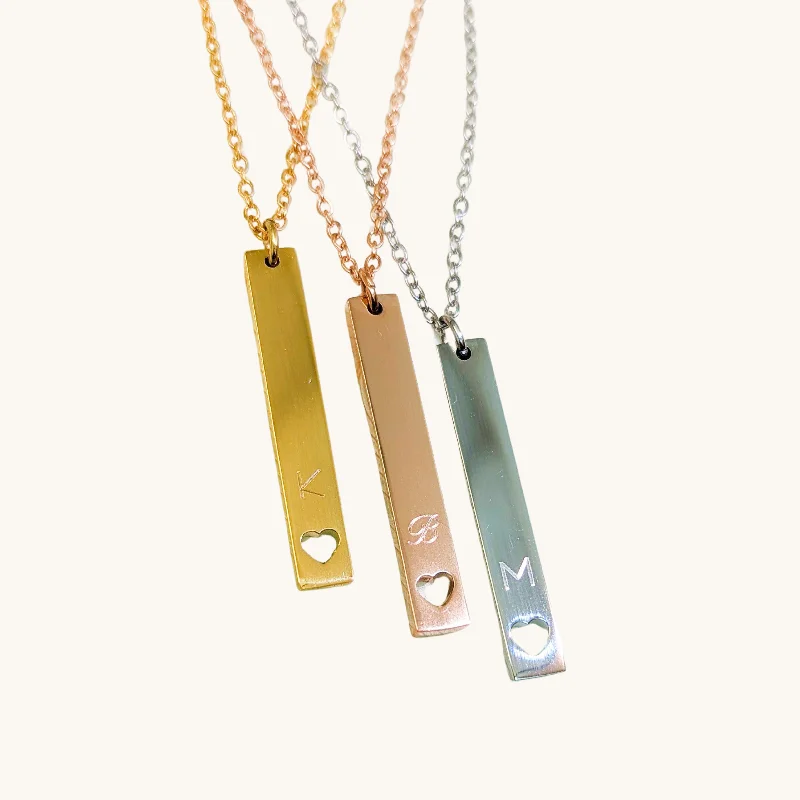 classic gold necklaces for women -Vertical Personalized Initial Heart Bar Necklace