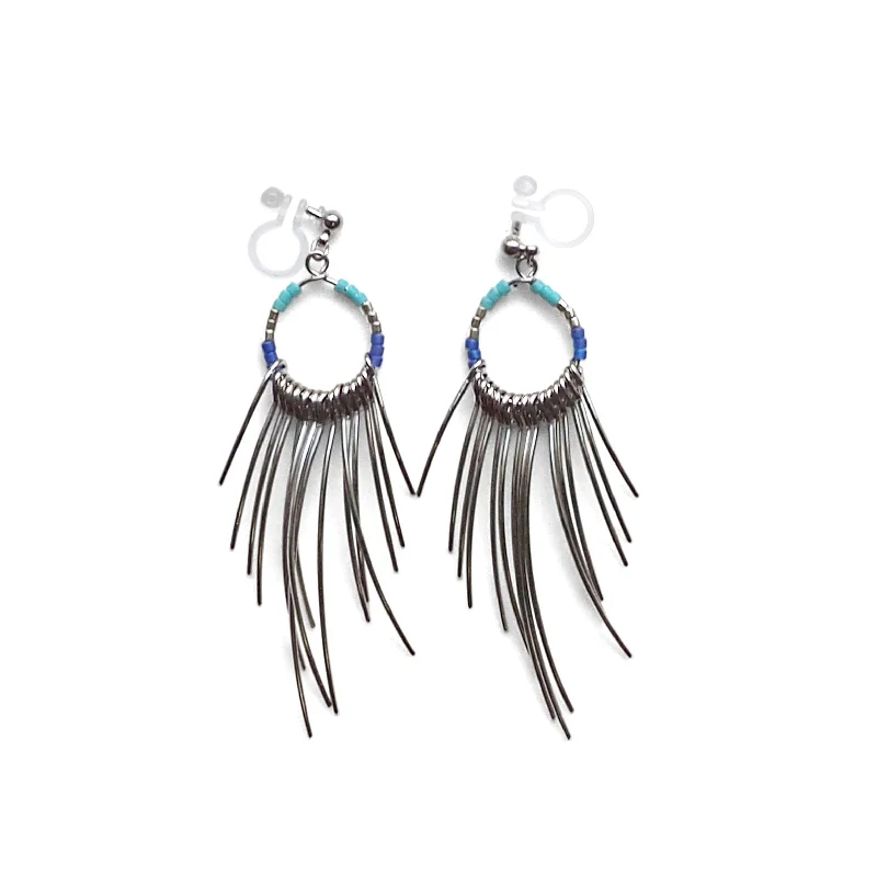 chic earrings for women -Gradated Fringe invisible clip on earrings ( Silver tone )