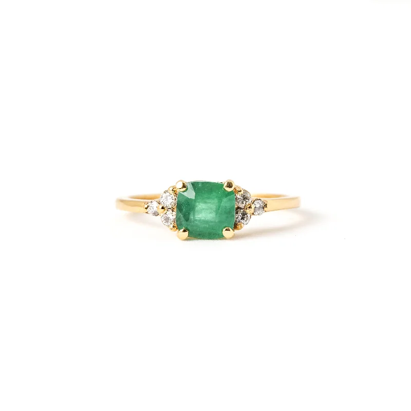 gold rings for women -Ring with Cushion Cut Emerald (0.93 ct) and Diamonds, Solid 14k Gold | ONE-OF-A-KIND