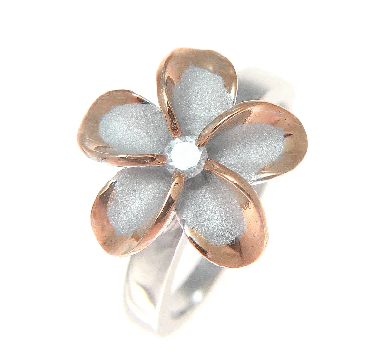 sapphire rings for women -SILVER 925 HAWAIIAN PLUMERIA FLOWER RING 15MM CZ RHODIUM PINK ROSE GOLD 2 TONE