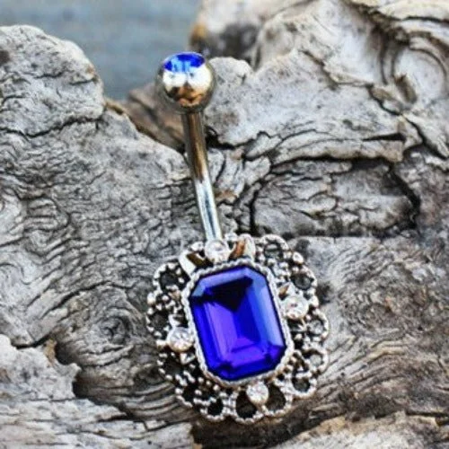 gemstone statement rings -316L Stainless Steel Radiant Cut Sapphire Blue CZ Ornate Navel Ring