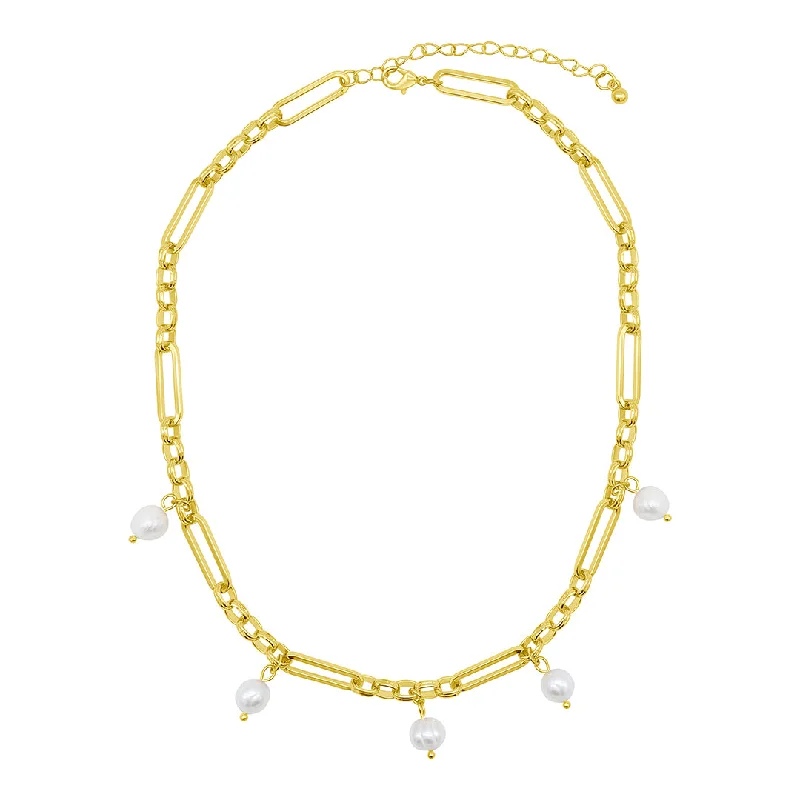 luxury chain necklaces for women -14k Gold Plated Adjustable Freshwater Pearl Mixed Link Chain Necklace