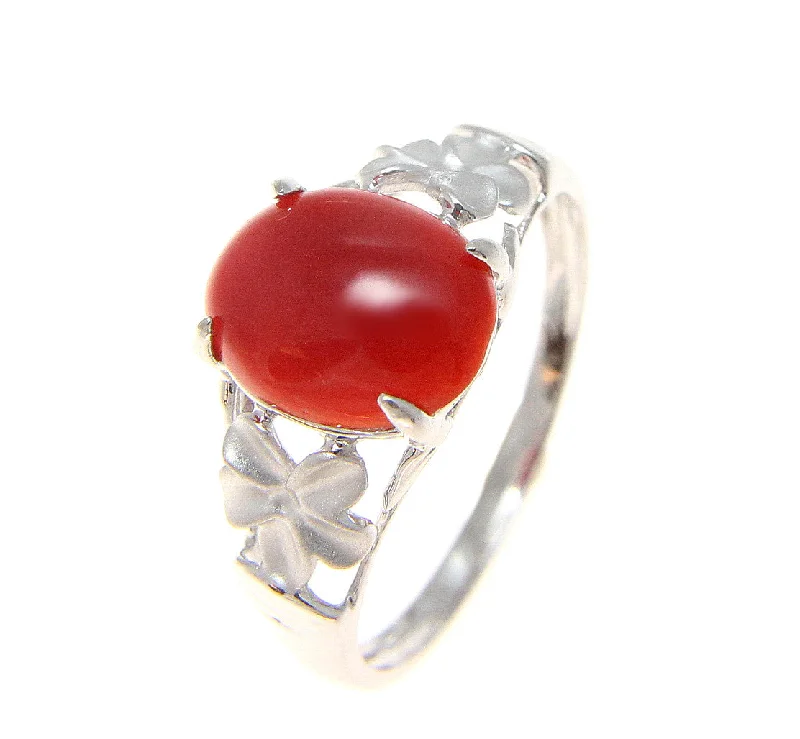 bridal rings for brides -GENUINE CABOCHON NATURAL RED CORAL RING HAWAIIAN PLUMERIA FLOWER 14K WHITE GOLD