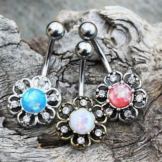 handmade rings for women -316L Stainless Steel Synthetic Opal Floral Navel Ring